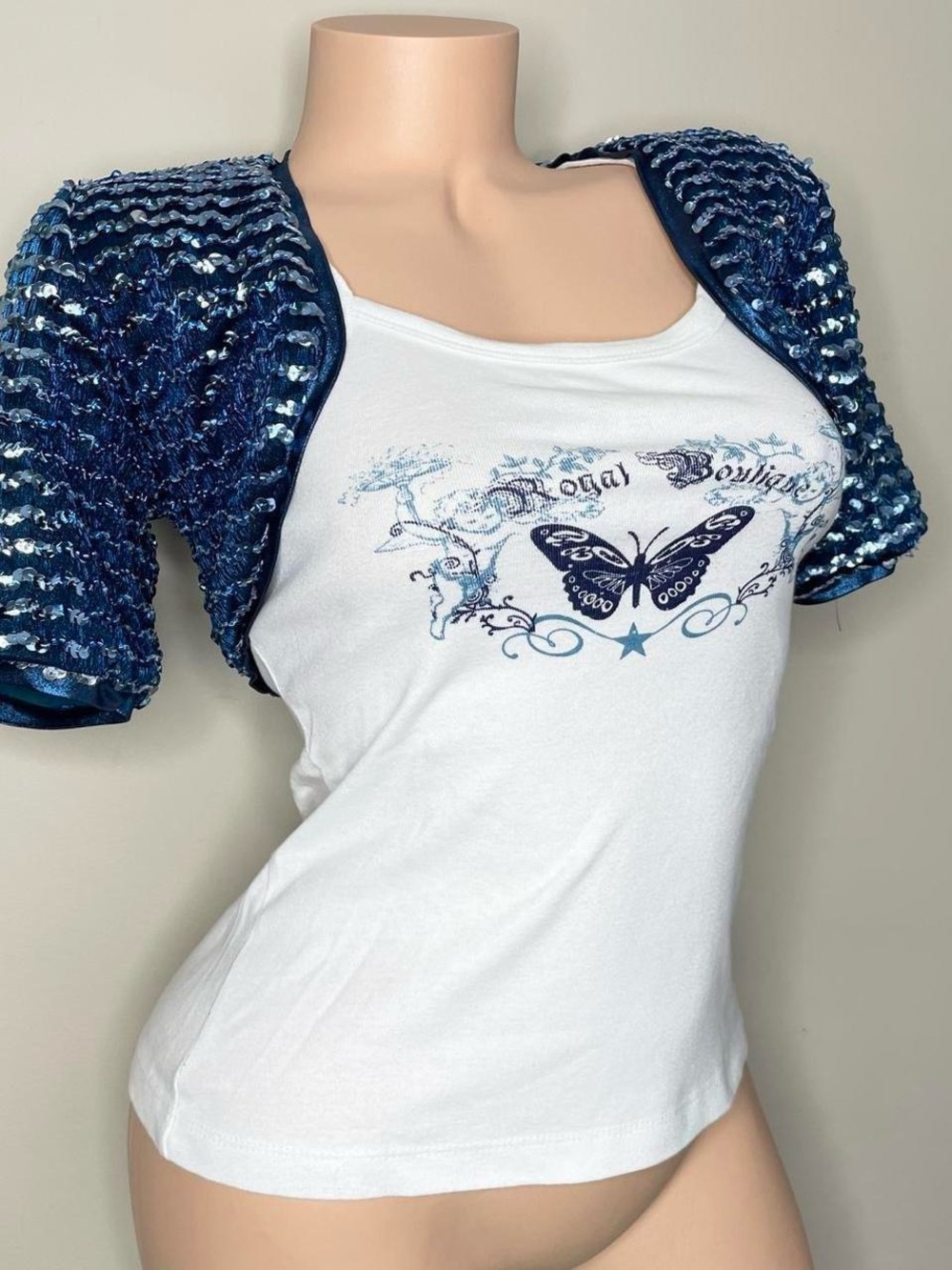 Vintage Y2K blue sequin bolero by Dina Glass